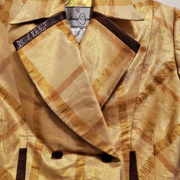 Antonio Garcia Couture Gold Skirt Set with Brown Faux Ostrich Skin Trim Size 4 - Picture 4 of 12